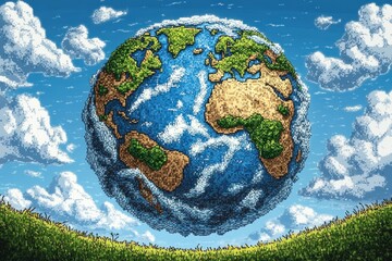 Pixel art style globe floating above grassy hills with scattered clouds in bright blue sky, representing earth's continents and weather in a vibrant natural scene