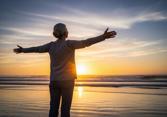 Fototapeta premium Peaceful senior woman with open arms enjoying a beautiful ocean sunset on the beach