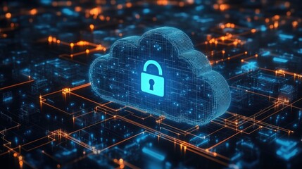 Digital cloud icon with a lock symbolizing secured data storage on a futuristic glowing circuit background