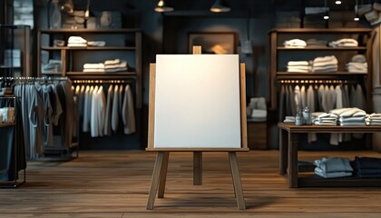 blank canvas on wooden easel positioned in modern clothing store with neatly arranged apparel on shelves and racks under warm ambient lighting