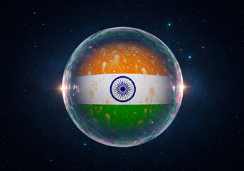 A stylized representation of the Indian flag overlaid on a cosmic sphere, floating in space.