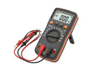 A digital multimeter with red and black test leads.
