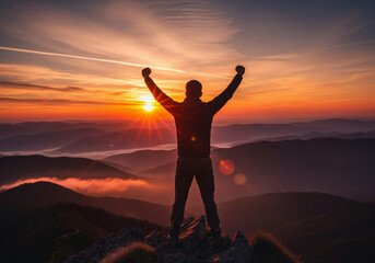 Fototapeta premium Triumphant man celebrating success with arms raised on a mountain top watching an epic sunrise