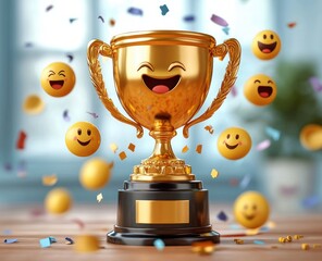 Golden trophy with happy face surrounded by smiling emoji balls and colorful confetti celebrating joy and achievement indoors