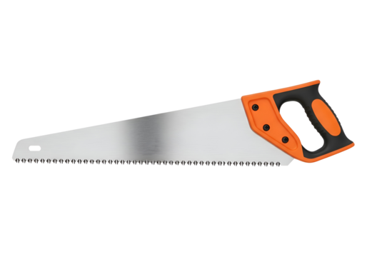 Hand saw with orange and black handle.