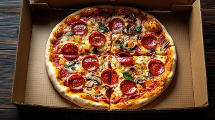 Freshly baked pepperoni and mushroom pizza with basil leaves in an open cardboard box on wooden table