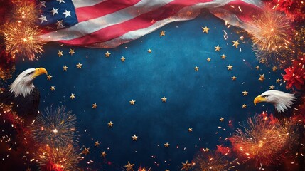 Celebratory scene with two bald eagles, American flag draped above, golden stars scattered on a dark blue background, and bright fireworks illuminating the edges
