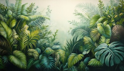Dense green tropical jungle with various large leafy plants and bright light shining through misty background conveying freshness and tranquility