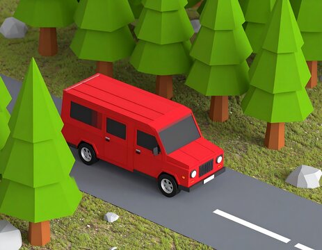 Low-poly red van in a forest