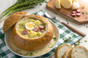 Hearty Zurek Soup in Bread Bowl with Sausage and Egg