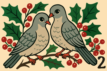 Two turtle doves. The twelve days of Christmas. English Christmas carol. Second day. Vector isolated illustration