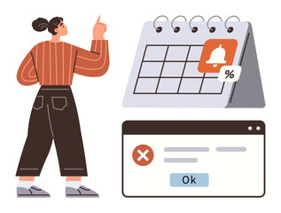 Woman pointing at a tabletop calendar with reminder icon, error notification on browser popup. Ideal for time management, planning, productivity, scheduling, notifications, task organization