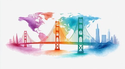 Economic policy concept. A vibrant watercolor illustration of the Golden Gate Bridge with a world map backdrop and diverse city skyline.
