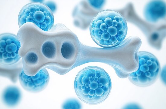 3D illustration of a white bone surrounded by multiple transparent blue spheres containing smaller spheres inside, representing cellular or molecular structures