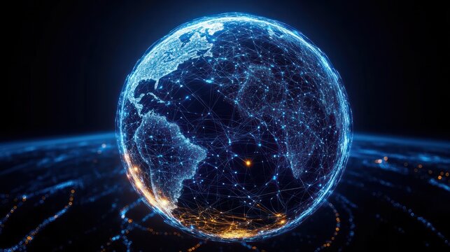 Digital visualization of Earth showing interconnected networks of glowing nodes and lines representing global communication and data exchange
