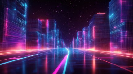 Futuristic digital cityscape with neon glowing grid buildings and streets under a starry sky, evoking a high-tech retro sci-fi atmosphere