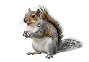 Grey squirrel holding a nut against a black background.