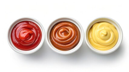 Three colorful dipping sauces, ketchup, barbecue, and mustard, presented in white ramekins on a clean background.