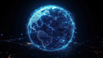 Digital glowing globe showing continents of North and South America connected by a complex network of luminous blue lines and nodes symbolizing global connectivity and communication