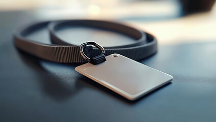 black lanyard with blank rectangular id badge lying on dark smooth surface in soft natural light