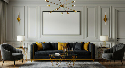 Canvas Mockup in Elegant Black and Gold Living Room Interior