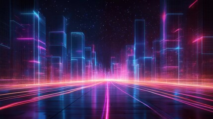 Futuristic cityscape at night with neon grid lines and glowing outlines of tall buildings under a starry sky, evoking a high-tech digital atmosphere