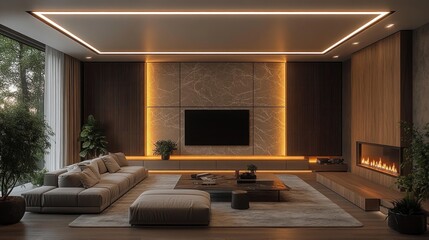 Obraz premium Modern living room with a spacious beige sectional sofa, large floor-to-ceiling windows revealing greenery outside, warm recessed lighting, a sleek wall-mounted TV, and a cozy fireplace