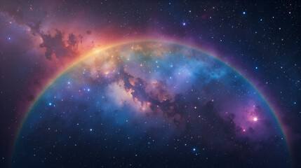 A rainbow arches across a vibrant, star-filled galaxy.