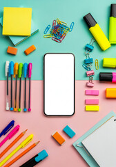Naklejka premium Flat Lay Mockup Smartphone with Bright Stationery