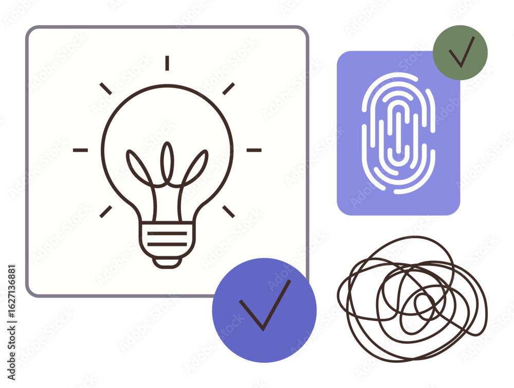 Poster light bulb symbolizing innovation, fingerprint icon for identity or security, abstract tangled line 