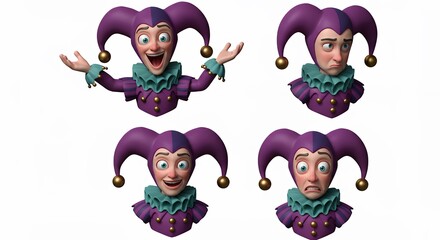 Animated jester character heads with various emotional expressions on white background