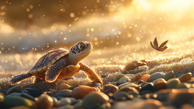 A baby turtle is walking on a beach with a butterfly in the background