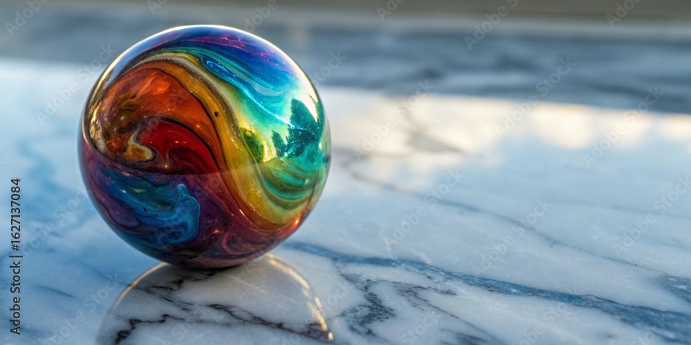 Poster a vibrant rainbow colored glass sphere on a marble surface, reflecting light and creating an abstrac