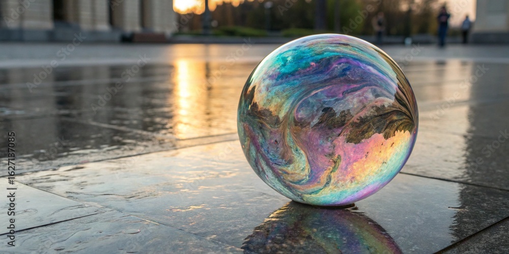 Poster iridescent soap bubble reflecting the sunset on a wet city pavement, creating an abstract and colorf