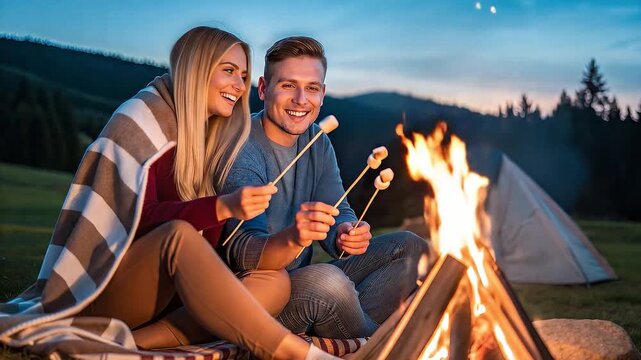 Camping Young Couple Man Woman Blond Marshmallow Fire Campfire