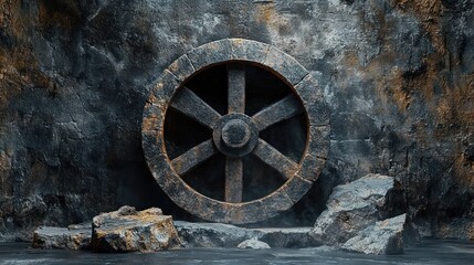 Large ancient stone wheel embedded in a rugged rocky wall surrounded by scattered rocks on a dark surface evoking a mysterious and historical atmosphere