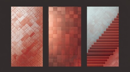 Three abstract vertical panels with geometric patterns and textures featuring overlapping shapes, grid squares, and a diagonal staircase with warm reddish and muted blue tones