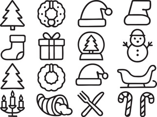 Christmas icons festive holiday objects tree wreath