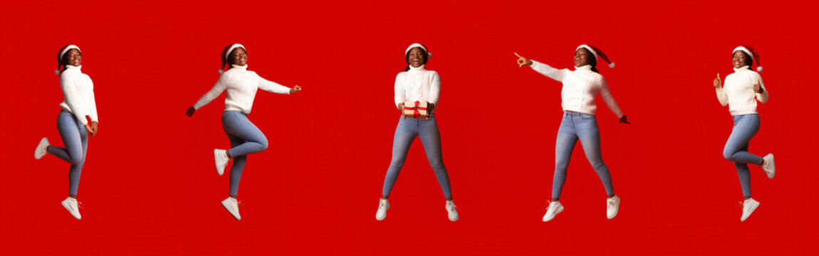 Set of happy emotional black woman in santa hat jumping with christmas gift box over orange background, funny young black man enjoying christmas and new year holidays, creative banner, panorama - Powered by Adobe