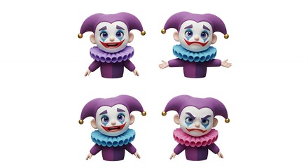 Fototapeta premium Cartoon jesters with different facial expressions isolated on white background
