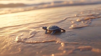 A baby turtle is laying on the beach