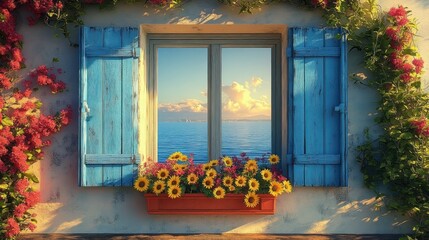 Rustic wall with bright blue wooden window shutters framing a serene ocean view under a pastel sky, surrounded by blooming red and purple flowers and a window box filled with vibrant yellow sunflowers