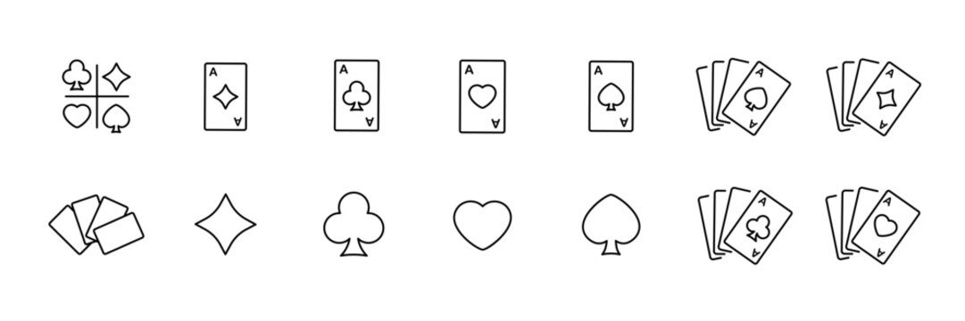 Card game outline icons set &ndash; line, minimalist, poker and casino graphics