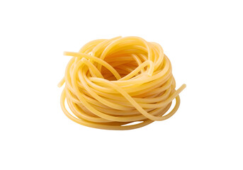 Nest of uncooked spaghetti against a black background.