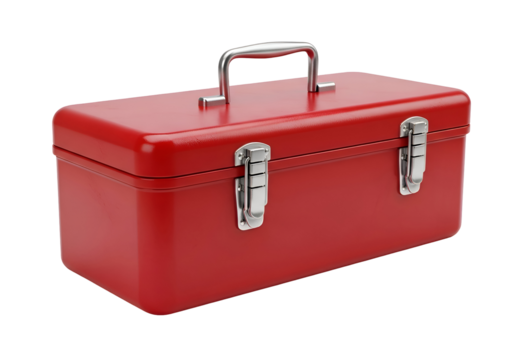 Red metal toolbox with metal handles and latches.