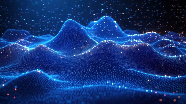 Abstract digital landscape of flowing blue waveforms made of glowing dots and lines under dark background with bright particles floating around