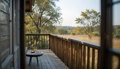 Fototapeta premium Tranquil view from cabin balcony with wine overlooking peaceful autumn meadow landscape outdoors.