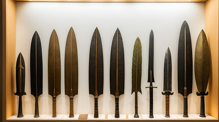 Historic leaf-shaped spearhead display museum exhibit artefact photography indoor close-up ancient weaponry