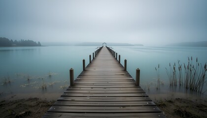 Obraz premium A tranquil, misty lake scene featuring a long wooden pier extending into calm, turquoise water.