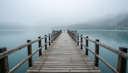 Fototapeta premium A solitary wooden pier stretches into a tranquil, misty lake enveloped in peaceful serenity.